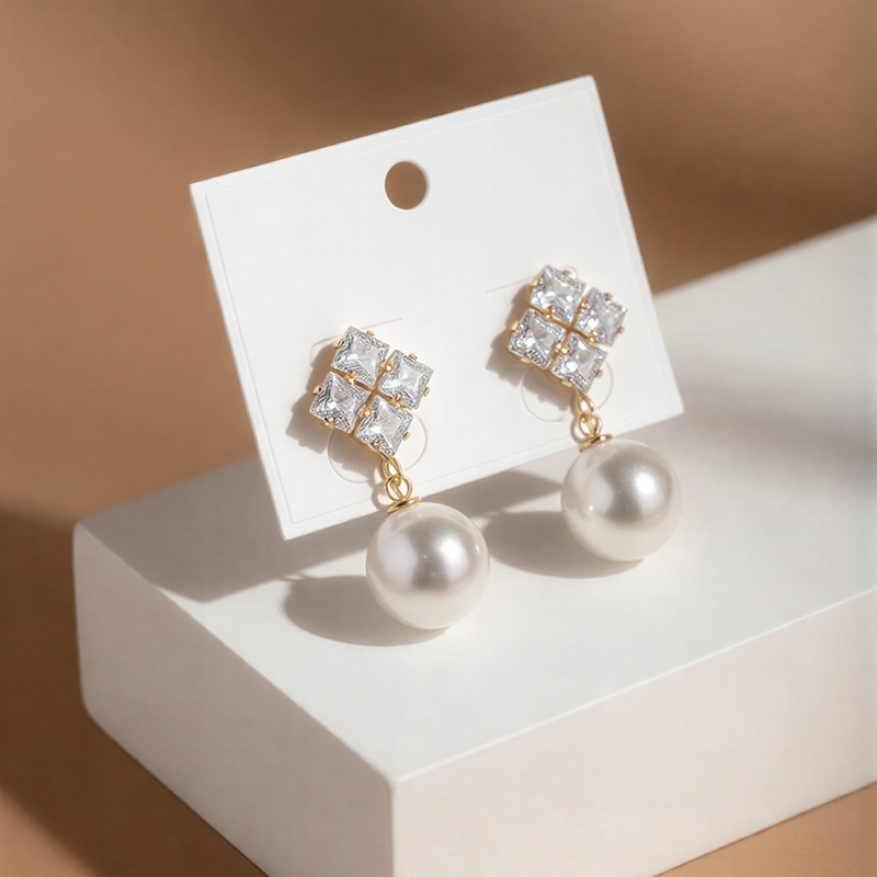 Royal Square-Cut Crystal & Pearl Drop Earrings – Elegant Party Wear