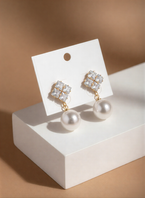 Royal Square-Cut Crystal & Pearl Drop Earrings – Elegant Party Wear