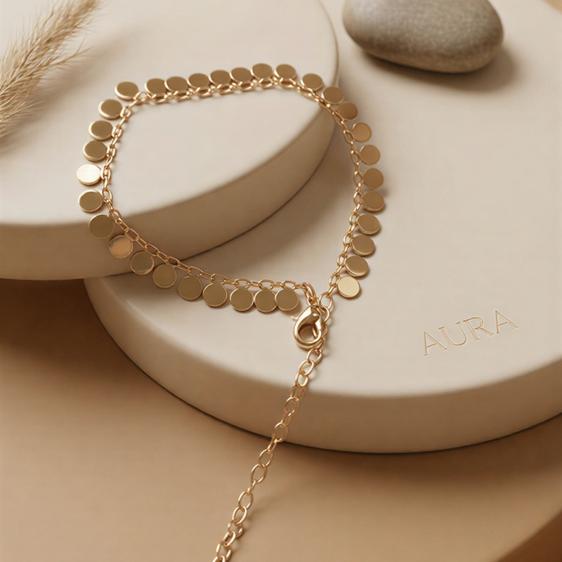 Gold Disc Drop Charm Anklet – Minimalist Boho Chic Foot Jewelry