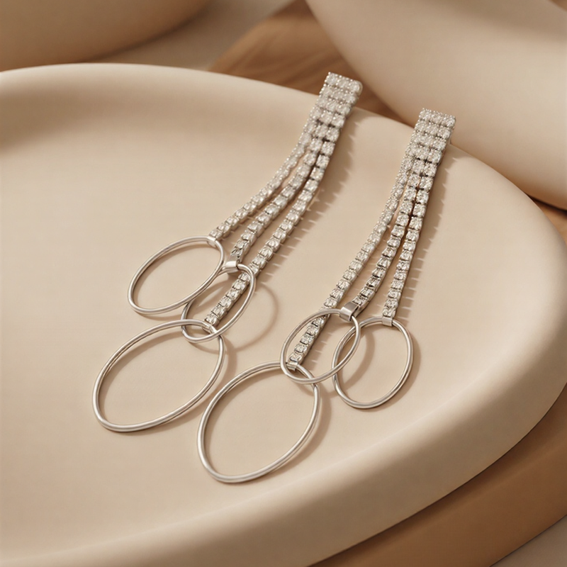 Dangling Diamond-Style Hoop Earrings - Elegant Gold-Toned Long Drop Jewellery