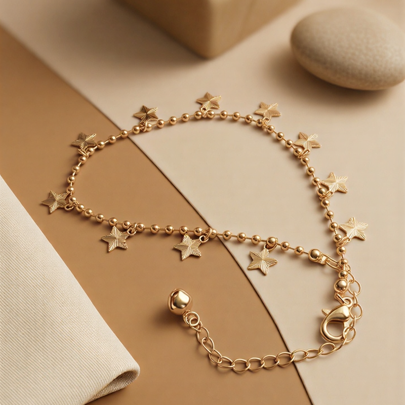 Celestial Gold Star Charm Bead Anklet – Minimalist Luxury Foot Jewelry