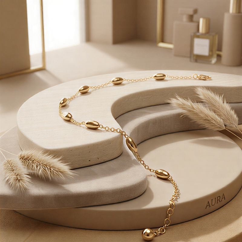 Gold Oval Pebble Station Anklet – Minimalist Luxury Foot Jewelry