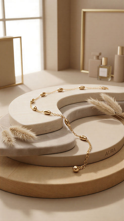Gold Oval Pebble Station Anklet – Minimalist Luxury Foot Jewelry