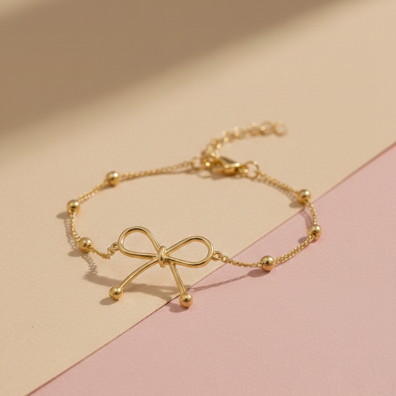 Elegant Gold Bow Knot Charm Bracelet – Minimalist Dainty Jewelry for Women