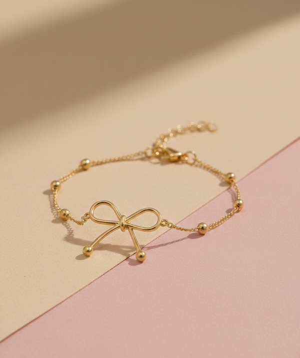 Elegant Gold Bow Knot Charm Bracelet – Minimalist Dainty Jewelry for Women