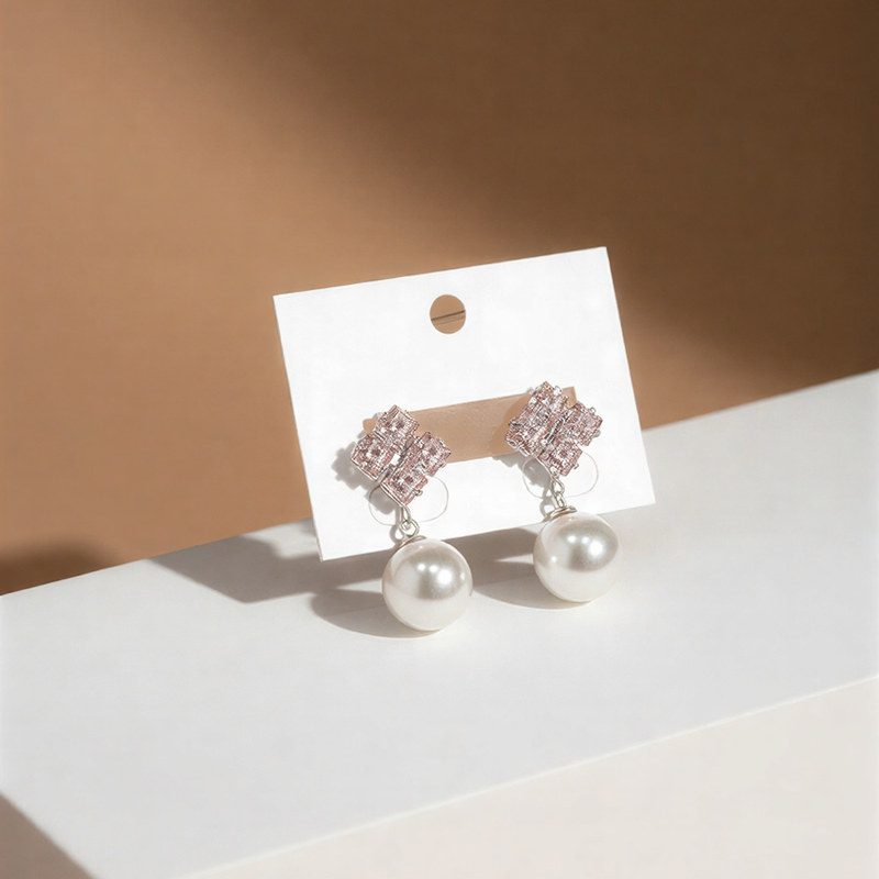 Rose Blush Crystal Square & Pearl Drops – Elegant Bridal Statement Earrings