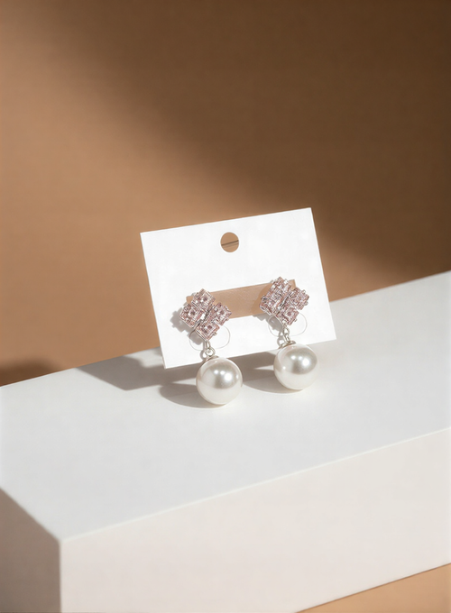 Rose Blush Crystal Square & Pearl Drops – Elegant Bridal Statement Earrings