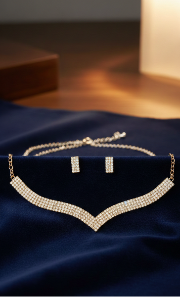 Dazzling V-Shape Crystal Choker Necklace Set with Matching Studs