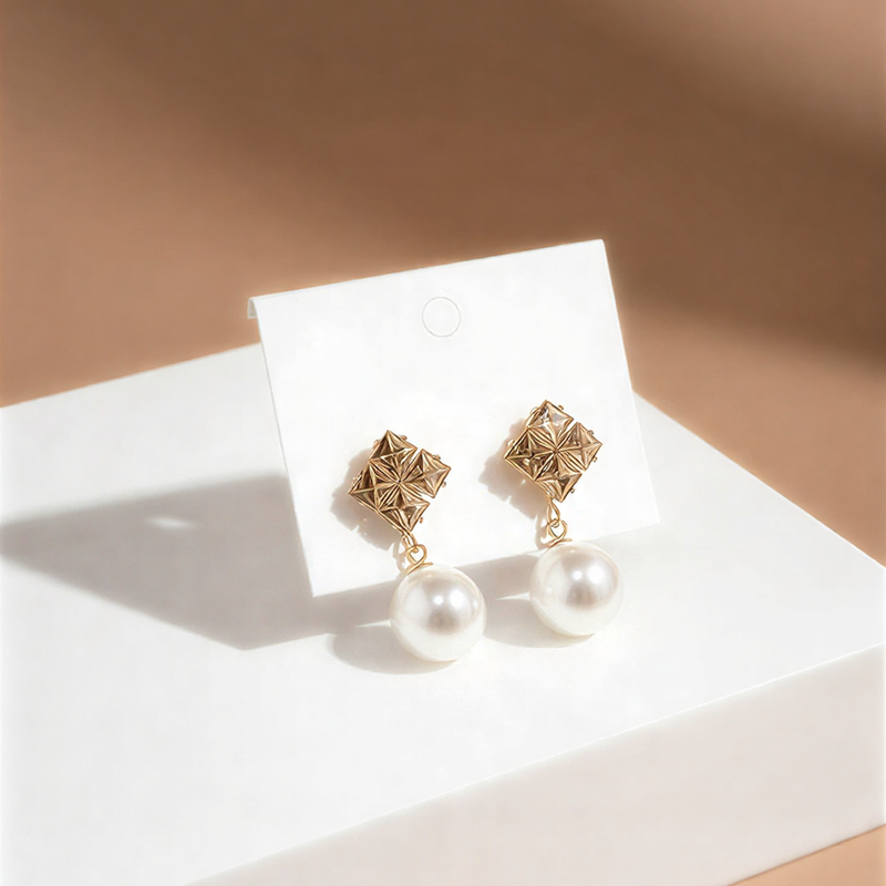 Royal Square-Cut Crystal & Pearl Drop Earrings – Elegant Party Wear