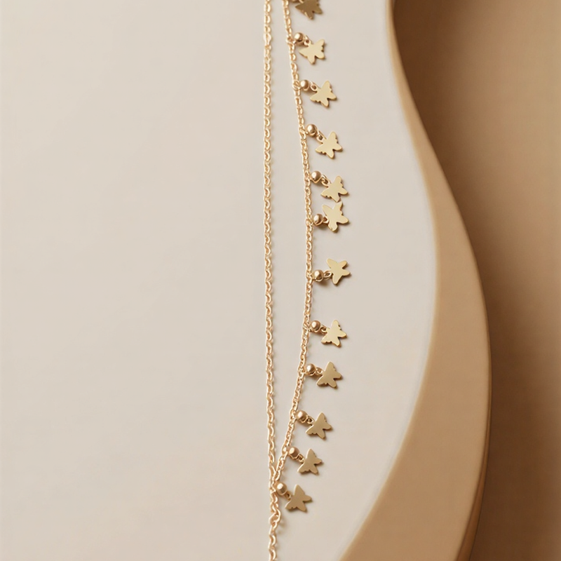 Gold Plated Butterfly Charm Double-Layer Anklet – Minimalist Luxury Foot Jewelry