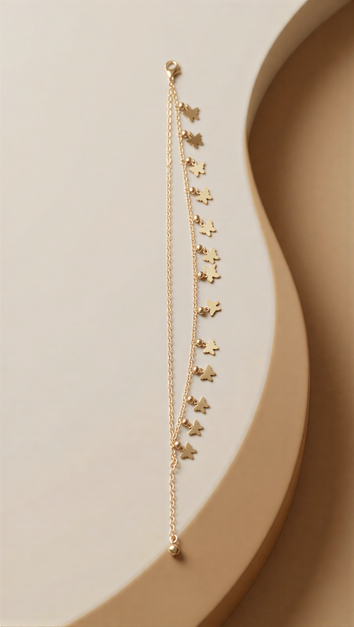 Gold Plated Butterfly Charm Double-Layer Anklet – Minimalist Luxury Foot Jewelry