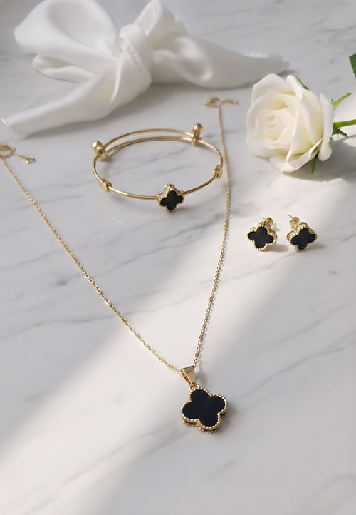 Black Clover Jewelry Set Gold Plated 3-Piece (Necklace, Earrings, Bangle)