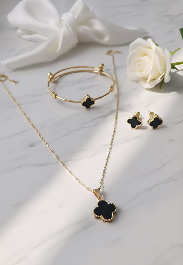 Black Clover Jewelry Set Gold Plated 3-Piece (Necklace, Earrings, Bangle)