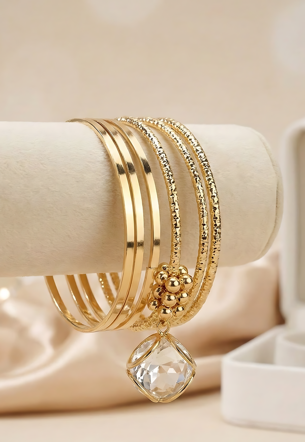 Classic Charm Bangle Stack - Luminous Golden Finish with Inspired Crystal Accent