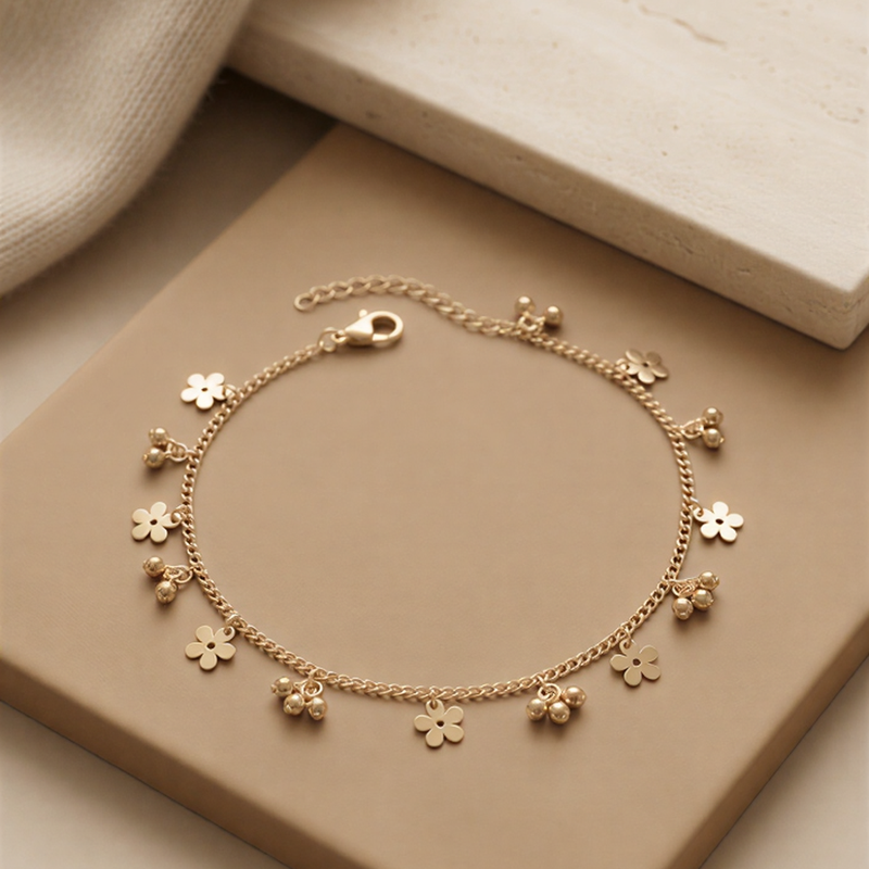 Gold Plated Dainty Floral & Bead Charm Anklet – Elegant Summer Jewelry