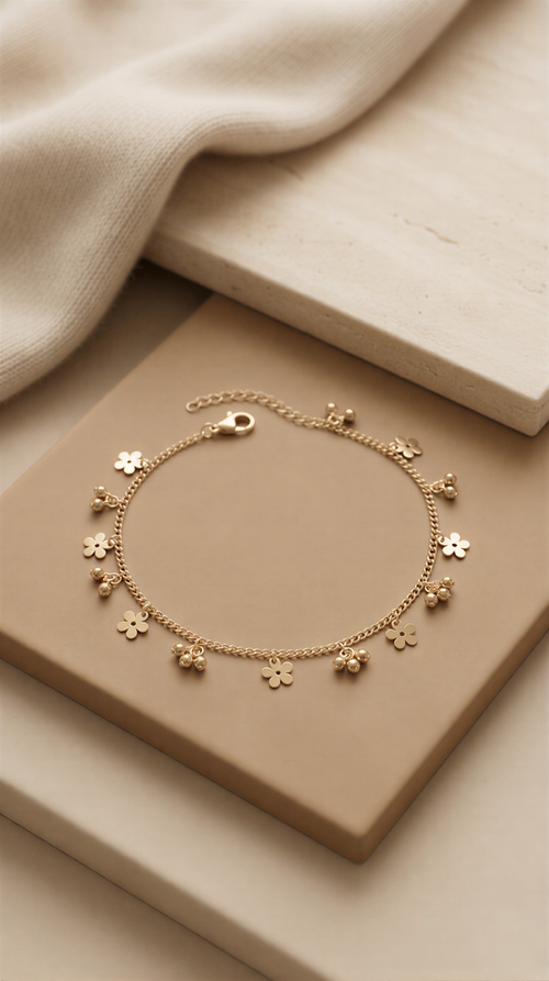 Gold Plated Dainty Floral & Bead Charm Anklet – Elegant Summer Jewelry