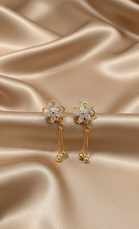 Elegant Gold-Plated Floral Drop Earrings with Delicate Chain Tassels