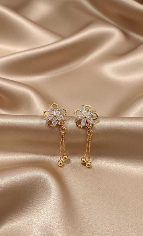 Elegant Gold-Plated Floral Drop Earrings with Delicate Chain Tassels