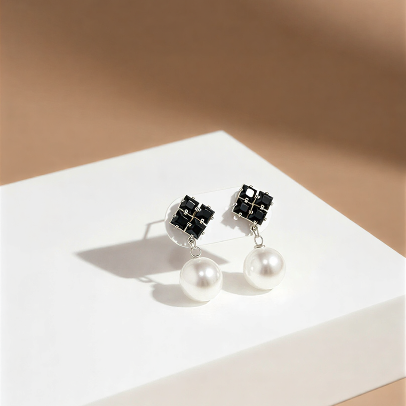 Geometric Crystal Square Studs with High-Luster Pearl Charms