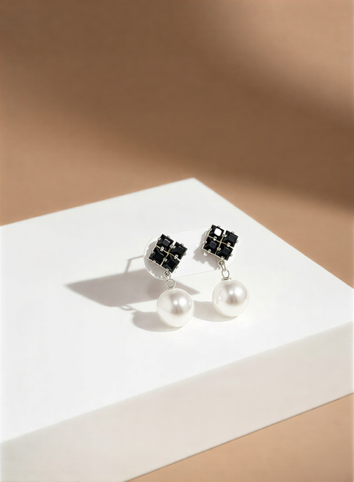 Geometric Crystal Square Studs with High-Luster Pearl Charms