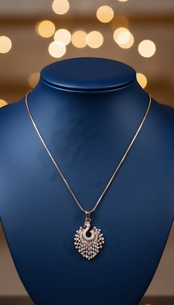 Necklace with a heart-shaped pendant on a blue mannequin against a blurred lights background