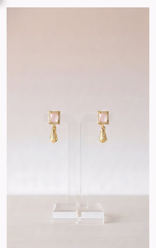 lumina Luxe traditional inspired earrings featuring a golden-tone finish with a crystal clear rectangular halo stud and bell-style drop