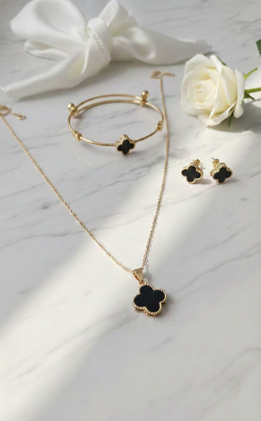 Premium Black Clover Jewelry Set – Elegant Gold-Tone Necklace, Bangle & Stud Earrings Set for Women