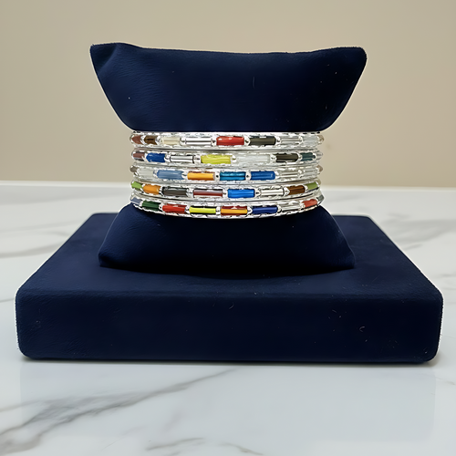 Rainbow Mosaic Multi-Colored Bangle Set - Sleek Silver-Toned Finish | One Jewellery Store