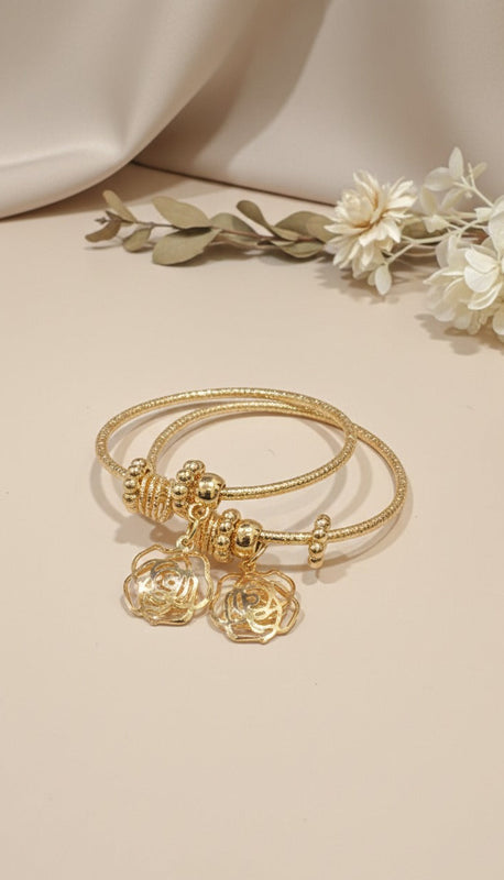 Aurora Rose Charm Bangle Set - Honey-Toned Floral Design | One Jewellery Store