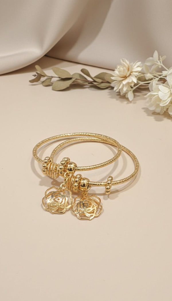 Aurora Rose Charm Bangle Set - Honey-Toned Floral Design | One Jewellery Store