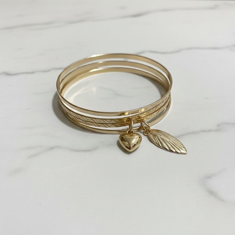 Serene Charm Bangle Set - Heart and Leaf Metallic Design | One Jewellery Store