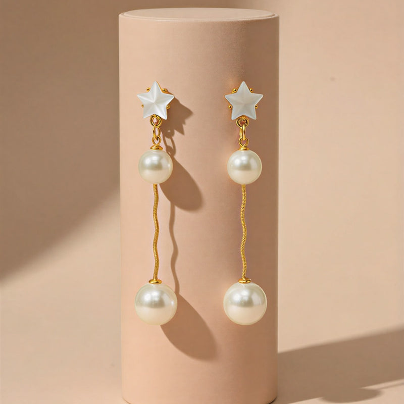 Elegant Dual-Pearl Drop Earrings – High-Shine Geometric Studs .