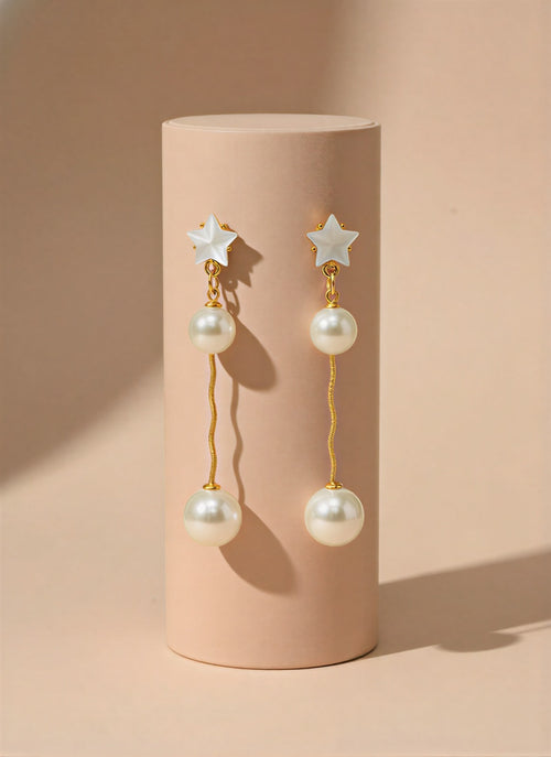 Elegant Dual-Pearl Drop Earrings – High-Shine Geometric Studs .