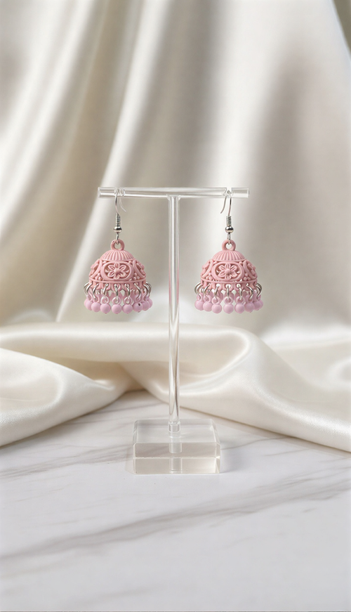 Premium Pastel Pink Matte Jhumka Earrings – Floral Traditional Design