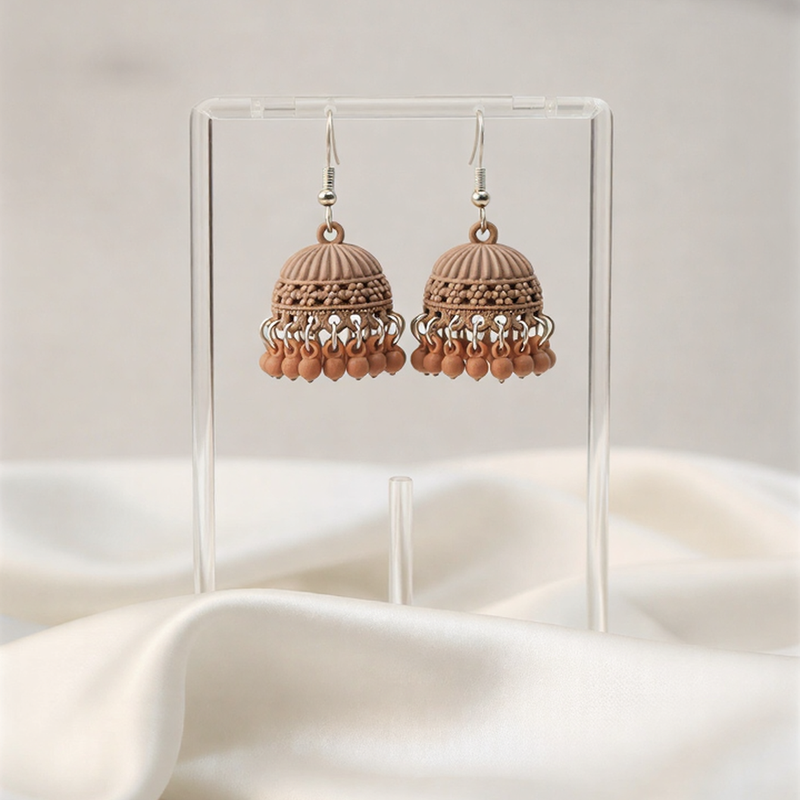 Sophisticated Nude-Peach Matte Jhumka Earrings – Ribbed Minimalist Design with Earthy Beaded Accents & Modern Fashion Look | One Jewellery