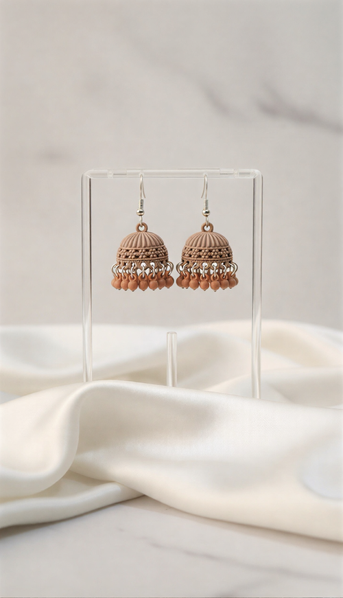 Sophisticated Nude-Peach Matte Jhumka Earrings – Ribbed Minimalist Design with Earthy Beaded Accents & Modern Fashion Look | One Jewellery
