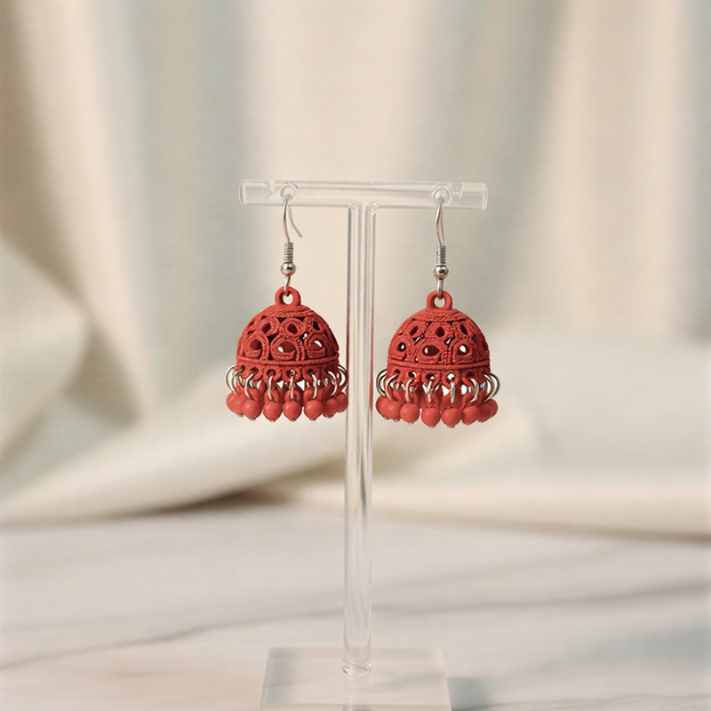 Vibrant Bold Red Matte Jhumka Earrings – Intricate Circular Mesh Design with Classic Crimson Beaded Drops | One Jewellery