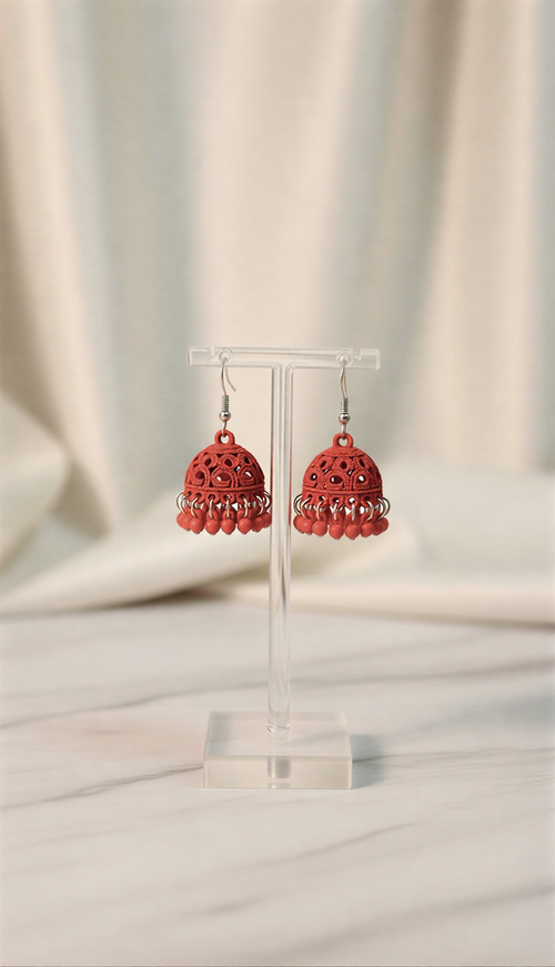 Vibrant Bold Red Matte Jhumka Earrings – Intricate Circular Mesh Design with Classic Crimson Beaded Drops | One Jewellery