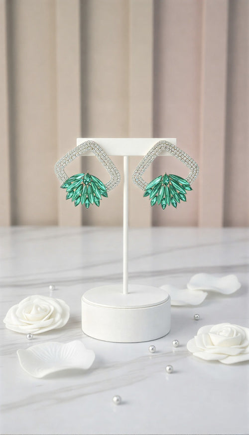 Geometric Crystal Fan Statement Earrings - Modern Square Frame Collection