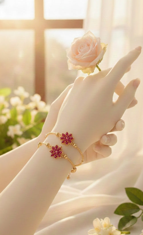 Elegant Ruby Floral Adjustable Bracelet - Gold-Plated Beaded Statement Piece