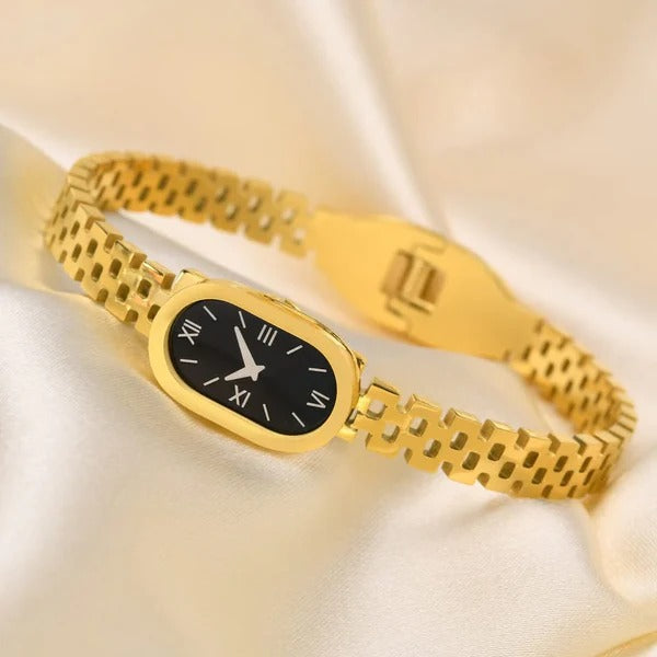 Luxury Vintage Oval Gold Bracelet Watch for Women – Elegant Black Dial Jewelry Timepiece