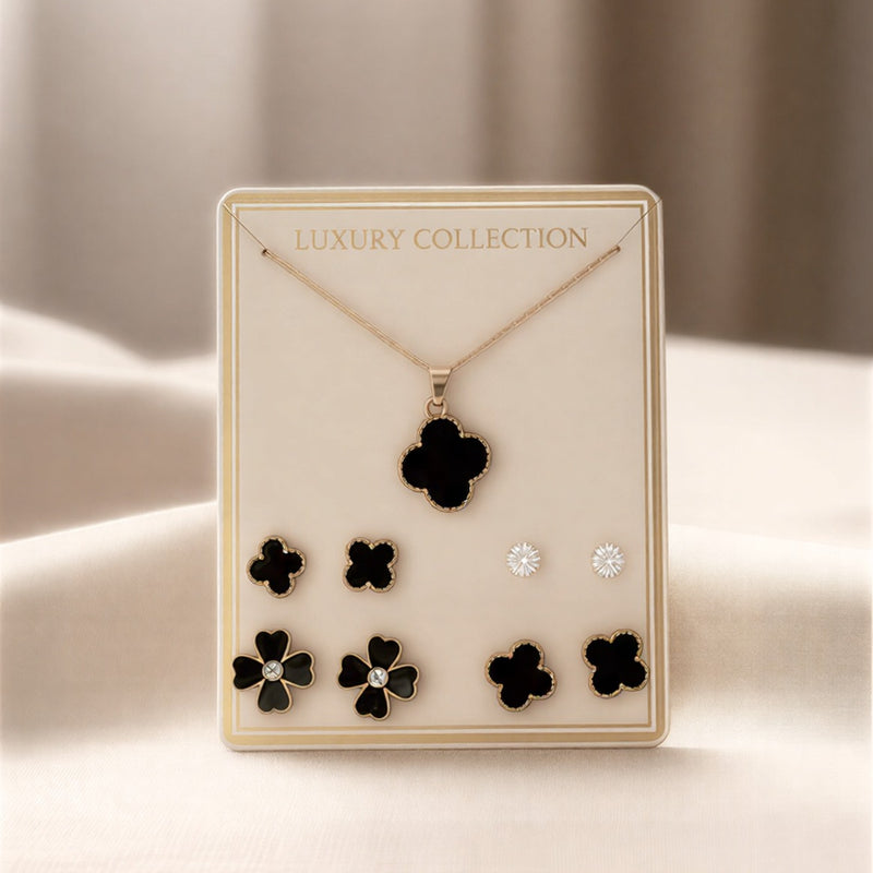 Luxury Black Clover 6-Piece Jewelry Set | Gold Plated Necklace & Earrings Gift Set