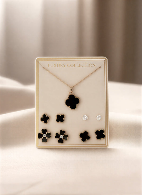 Luxury Black Clover 6-Piece Jewelry Set | Gold Plated Necklace & Earrings Gift Set