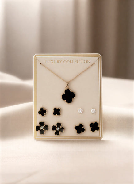Luxury Black Clover 6-Piece Jewelry Set | Gold Plated Necklace & Earrings Gift Set