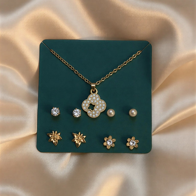 5-Piece Gold-Plated Jewelry Set – Crystal Clover Pendant Necklace & 4 Pairs of Designer Stud Earrings
