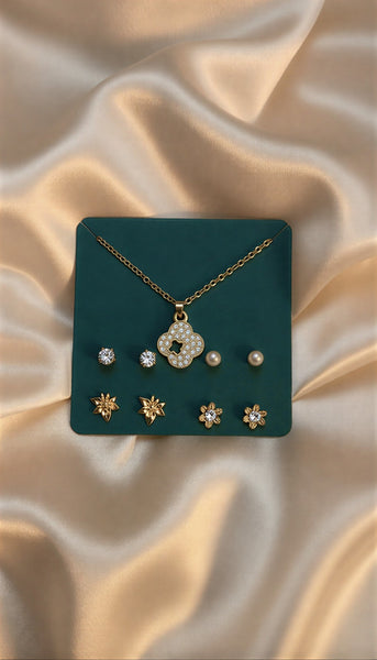 5-Piece Gold-Plated Jewelry Set – Crystal Clover Pendant Necklace & 4 Pairs of Designer Stud Earrings