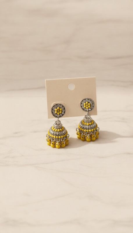 Vibrant Canary Yellow Beaded Jhumkas – Traditional Oxidized Drop Earrings