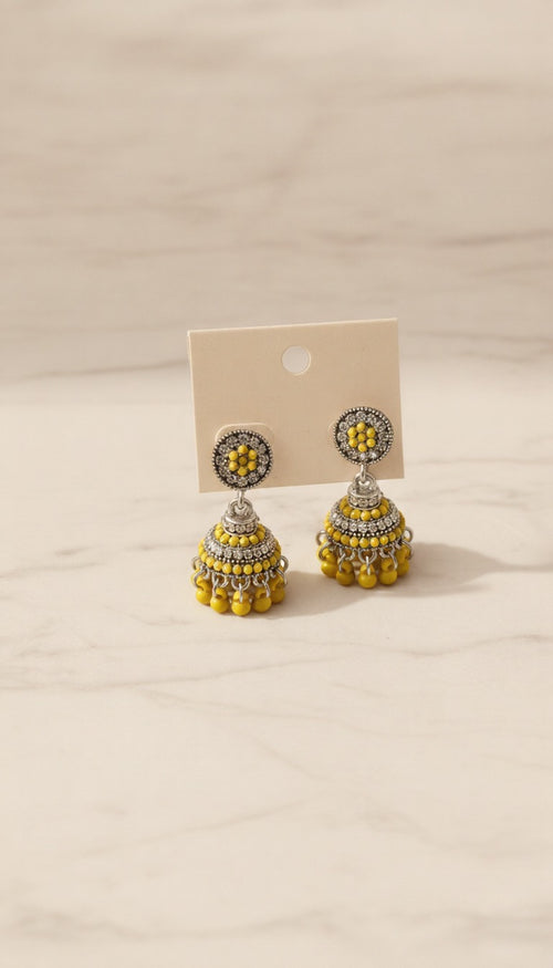 Vibrant Canary Yellow Beaded Jhumkas – Traditional Oxidized Drop Earrings