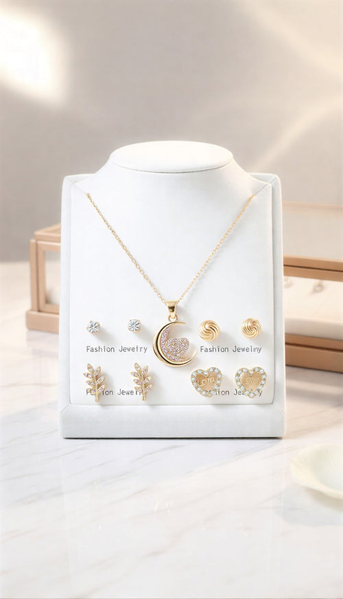 Pack of 7 Weekly Earrings - Gold-Plated Cherry, Crown & Butterfly Stud Set
