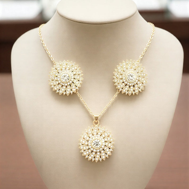 Victorian-Inspired Sunflower Suite – Intricate Crystal Halo Necklace Set